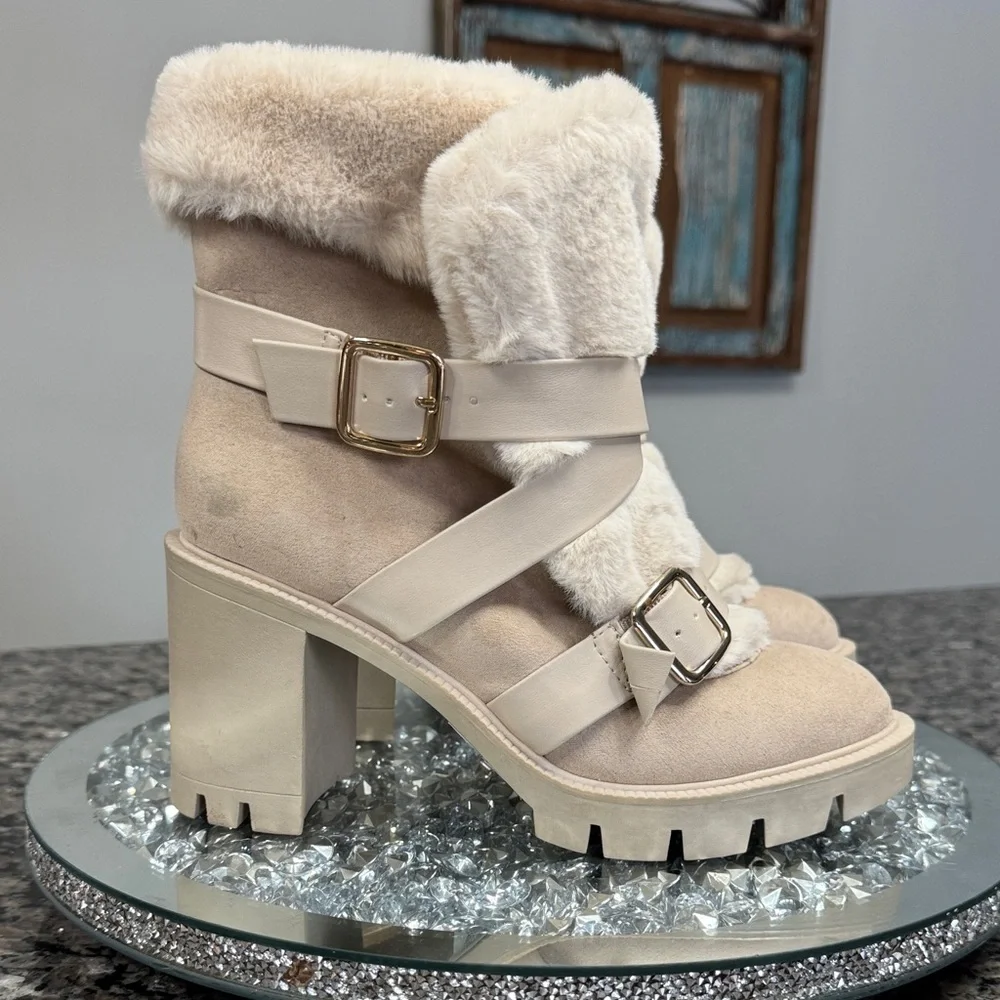 INC International Concepts Cream Faux Fur Lug Heel Winter Boots